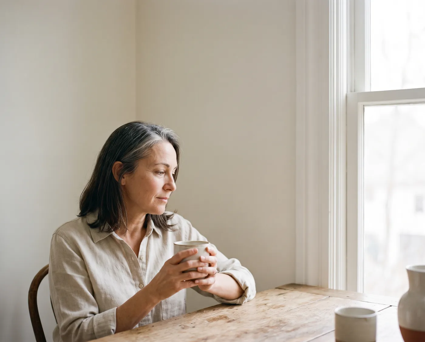 Mujer junto a la ventana con una taza, luz natural cálida